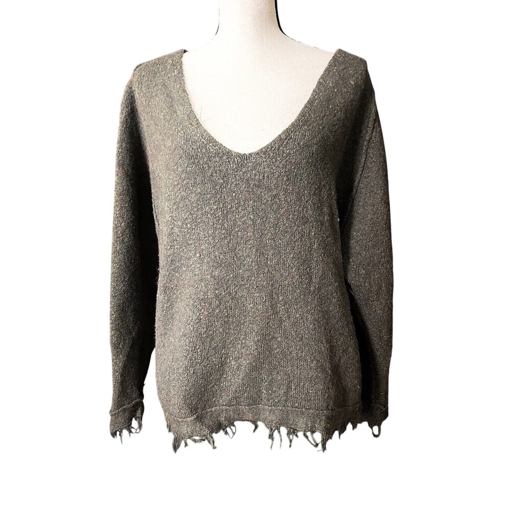 Free People Women's S Irresistible‎ Fringe Green V Neck Long Sleeve Wool Sweater